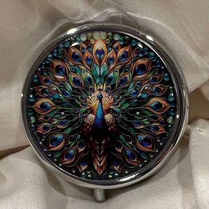 Whimsical Peacock Travel Pill Box 3 Compartment Medicine Metal Pill Case NEW